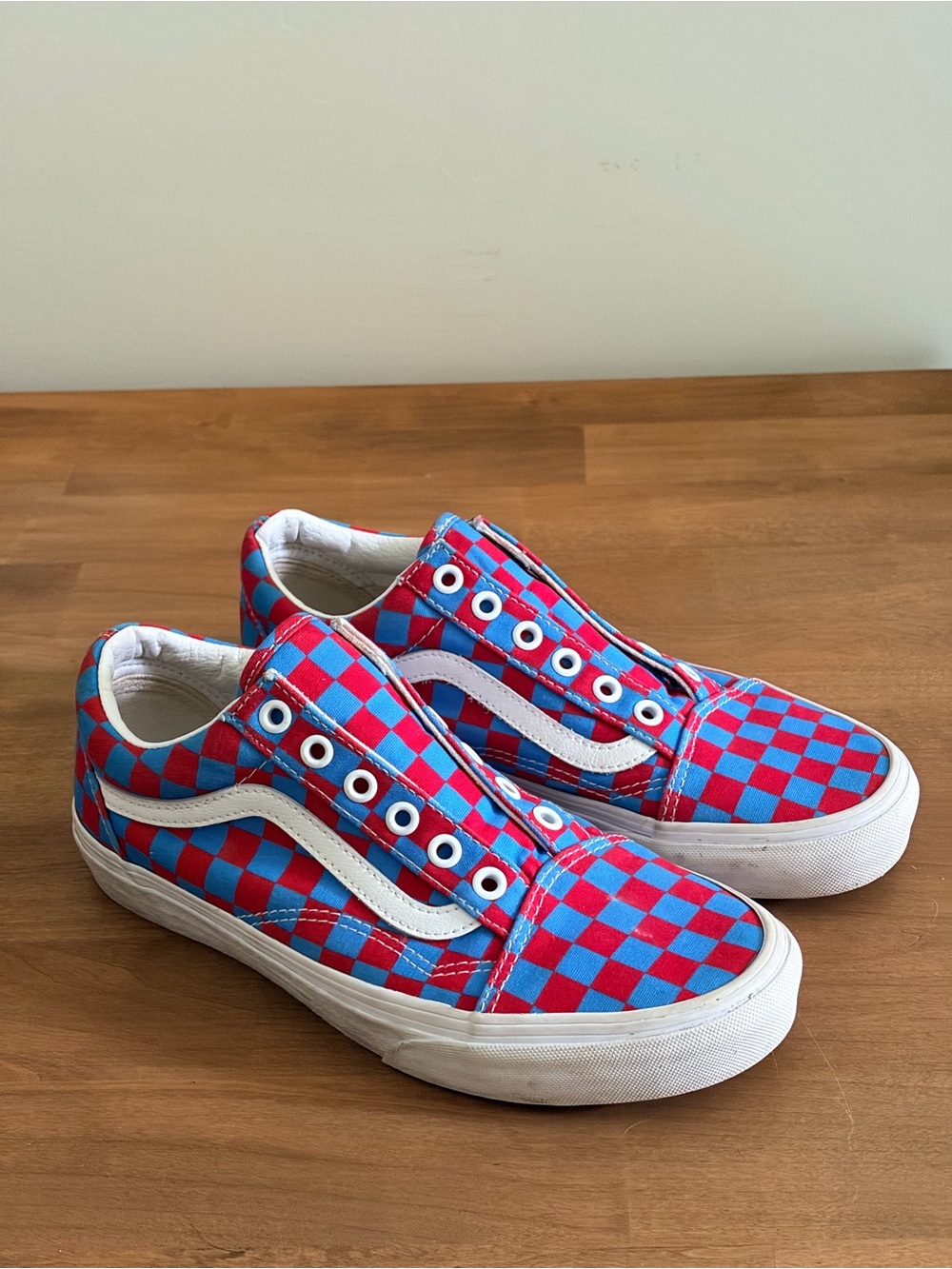 Vans Old Skool Red Blue Checkerboard Sneakers Men 6 Women 7.5 Low Top Skate